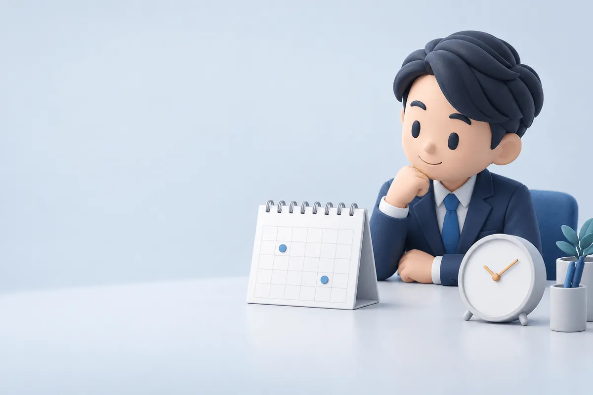申請受付と締切を示すカレンダーを確認する担当者の3Dイラスト