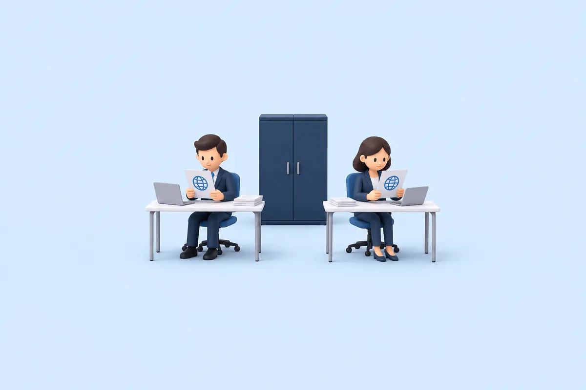 別々の机で公開資料を扱い、社内資料の棚は閉じておく部署別利用