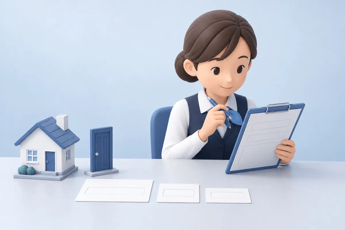 住まいの不具合について受けた短いメモから不足項目を拾い、担当者が引き継ぎ用の記録を確認する場面