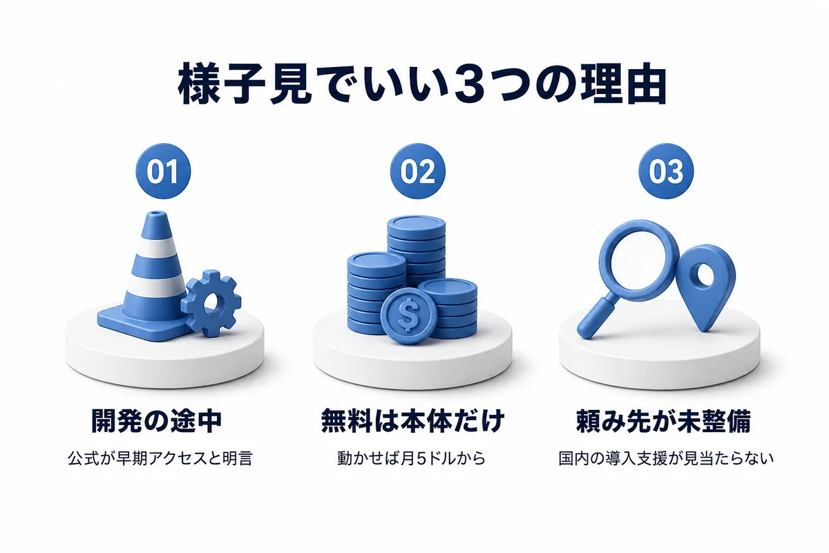 様子見でいい3つの理由。開発の途中で公式が早期アクセスと明言していること、無料は本体だけで動かせば月5ドルからかかること、国内の導入支援が見当たらないこと
