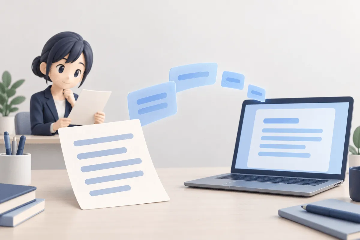 有資格者の口頭説明メモから共通部分を取り出し、記事の下書きに整える場面