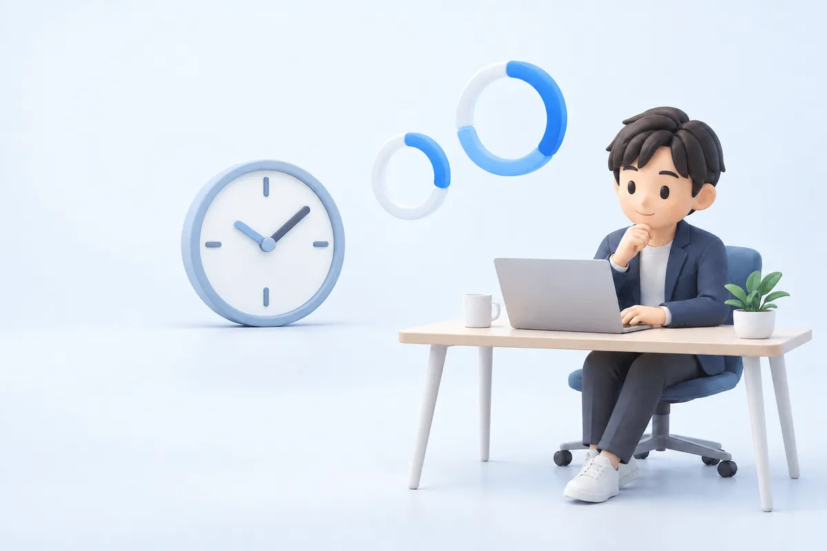 5時間の利用枠を示す時計と使用状況を確認する担当者の3Dシーン
