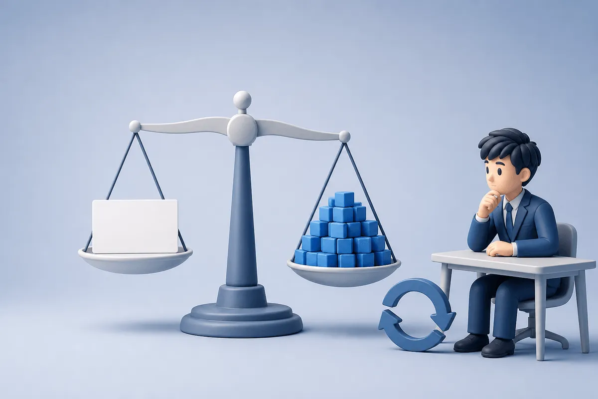 単価の小さな札と増えたトークンの箱を天秤に載せ、担当者が総量を確認する3Dシーン