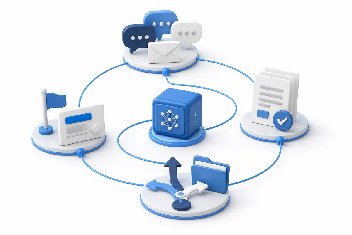 元の記録、完成見本、判断の根拠、例外記録の4種類を机に並べる担当者