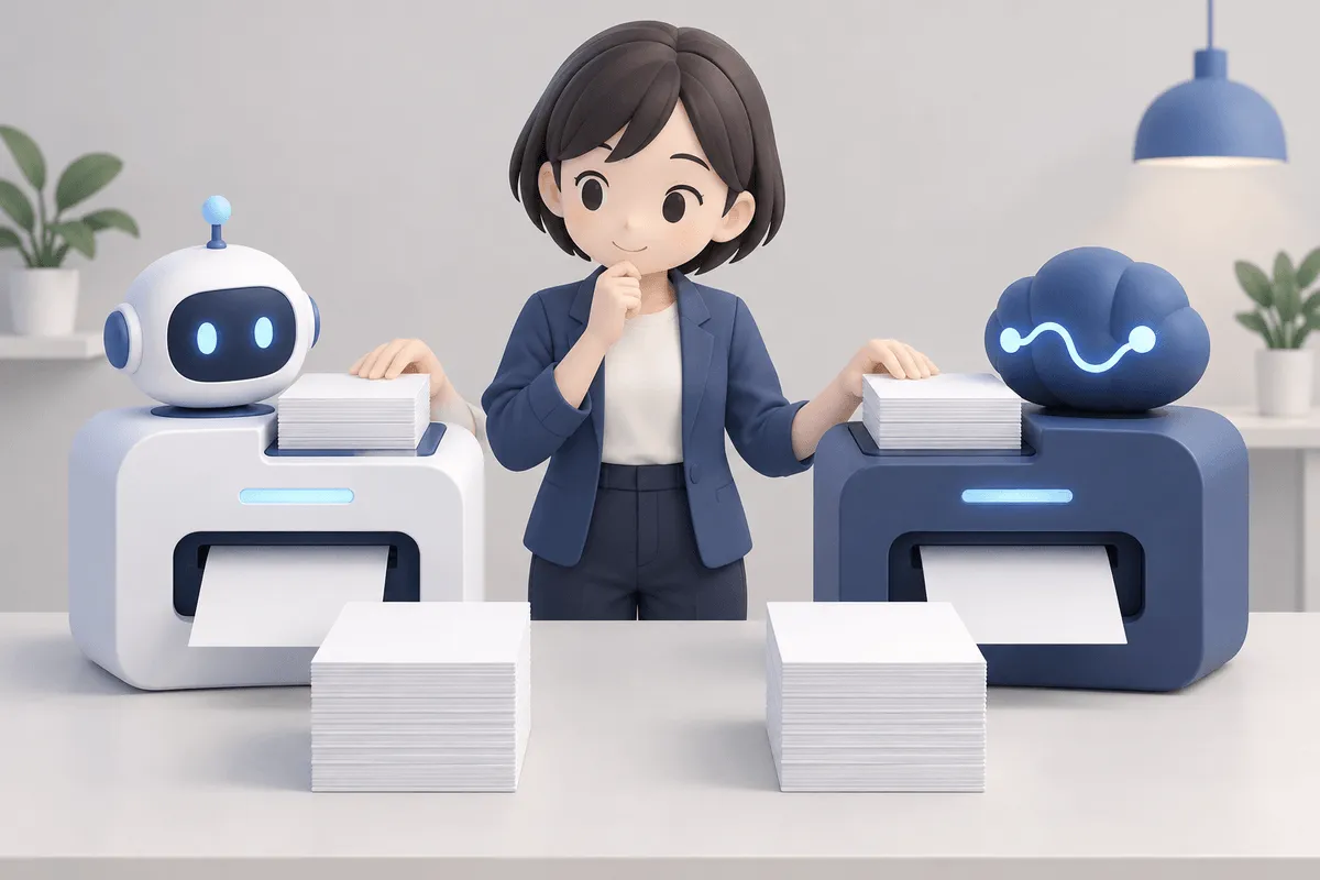 二つのモデルへ同量の入力書類を渡し、出力書類を受け取る3Dシーン
