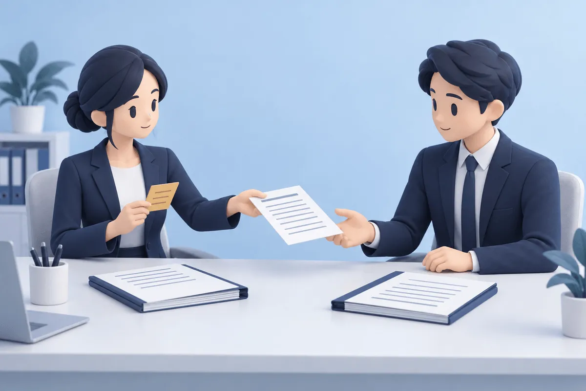 担当者が指摘と原文を照合し、専門確認が必要な書類を別の担当へ渡す場面