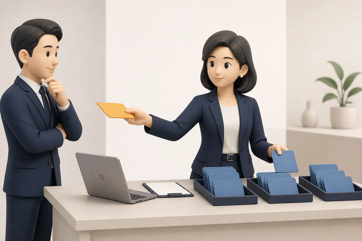 兼任担当者が課題カードを整理し、判断が必要なカードを経営者へ渡す場面
