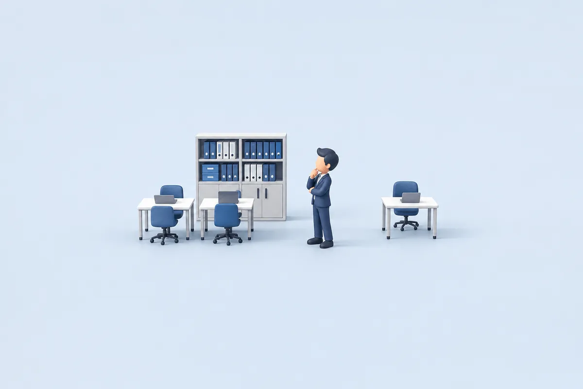 共通資料のキャビネットを共有する作業場所と、離れた独立の机を併置する構成