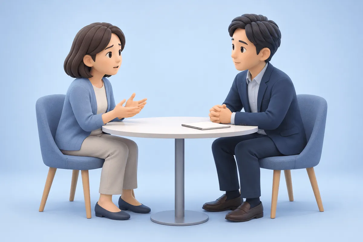 家族の不安を聞き、職員が相談を引き受ける場面