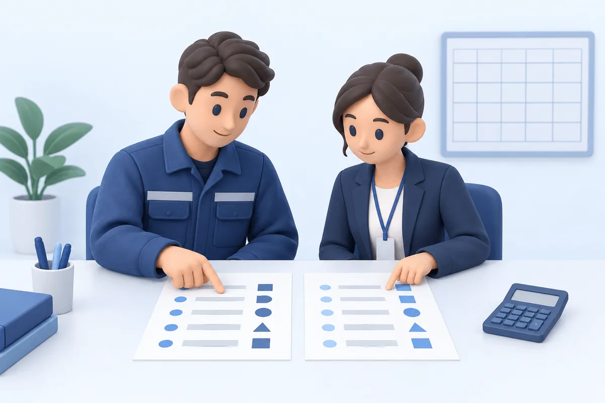 製造側と営業側の担当者が、確定した条件表と提出書式を照合する場面